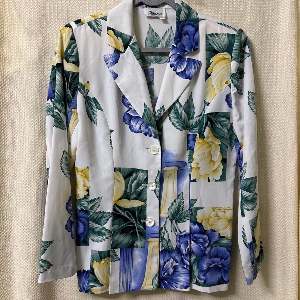 Vintage Styleworks Artistic Floral Blazer White Blue Yellow Tailored Jacket 6